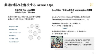 6
共通の悩みを解決する GenAI Ops
生成AIモデル・ App構築
のPain Point / Blocker
基盤モデル構築
継続事前学習
ファインチューニング
推論最適化
App構築 / 評価
Pain
GenAIOps “生成IA開発のbest practiceの集積
体”
どんどんPain Point / Blockerが特定され、解決のための
GenAIOps(Best PracticeやTool)が提案されている
GenAIOpsに乗っかると、先人が構築した
ベストプラクティスを踏襲できる
生成AIに着手をしようとしても、大小様々な障壁・
必要とされる労力によって前に進まない
生成AI開発が早く進む・質が向上し、生成AIをサー
ビス化・業務適応できる
むしろやることが多すぎてベストプラク
ティスに乗っからないとついていけな
い。“車輪の再開発”している場合ではな
い...
Appモニタリング
 