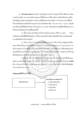 4
3. กิจกรรมการสาน หมายถึง การนําวัสดุต่างๆ เช่น ผ้า ไหมพรม ริ้บบิ้น เชือกป่าน หลอด
กาแฟ ใบมะพร้าว ฯลฯ มาสานเป็นรายบุคคล ทั้งนี้เด็กสามารถใช้การสังเกต เปรียบเทียบในการเลือก
หยิบวัสดุอุปกรณ์มาสานเป็นรูปร่าง ลวดลาย หรือสิ่งของตามความต้องการ กิจกรรมการสานนี้จัดใน
กิจกรรมศิลปสร้างสรรค์ของกิจกรรมประจําวัน โดยจัดสัปดาห์ละ 4 วัน เวลา 9.30 - 10.20 น. โดยเด็ก
ทุกคนมีกรอบไม้สี่เหลี่ยมสําหรับการสานขนาด 20 x 20 ซม. เป็นของตัวเอง โดยผู้วิจัยได้เขียนแผนการ
จัดกิจกรรม ซึ่งแต่ละกิจกรรมมีขั้นตอนดังนี้
3.1 ขั้นนํา เป็นการนําเข้าสู่การทํากิจกรรมโดยการสนทนา ใช้คําถาม เพลง นิทาน
คําคล้องจอง หรือใช้สื่อที่เป็นวัสดุในการจัดกิจกรรมร่วมด้วย เพื่อกระตุ้นให้เด็กเกิดความสนใจและมี
ความพร้อมที่จะทํากิจกรรมต่อไป
3.2 ขั้นสอน เป็นการดําเนินกิจกรรมให้เด็กและครูร่วมกันศึกษาสื่อและวัสดุอุปกรณ์โดย
สนทนาเกี่ยวกับชื่ออุปกรณ์ การใช้งาน ประโยชน์ ความเหมือน ความต่าง ขนาด จํานวน ประเภท การ
นับจํานวนอุปกรณ์ โดยครูอธิบายวิธีการสานพร้อมกับสาธิตวิธีการสานให้เด็กดู เด็กเลือกหยิบอุปกรณ์
และลงมือทําขณะที่เด็กทํากิจกรรมครูเดินดูและให้ความช่วยเหลือเมื่อเด็กต้องการตลอดการทํากิจกรรม
เมื่อใกล้หมดเวลาเตือนให้เด็กรู้เตรียมเก็บอุปกรณ์และทําความสะอาด
3.3 ขั้นสรุป เป็นการดําเนินกิจกรรม โดยให้เด็กออกมานําเสนอผลงานหน้าชั้นเรียนและ
สนทนาถามตอบกับเด็กเกี่ยวกับกิจกรรมที่ได้ทํา พร้อมทั้งร่วมกันสรุปความรู้เกี่ยวกับทักษะทางคณิตศาสตร์
คือ การจําแนกเปรียบเทียบ การจัดหมวดหมู่ การเรียงลําดั บ และการรู้ค่าจํานวน ที่เด็กได้เรียนรู้หลัง
จากการทํากิจกรรมการสาน
กรอบแนวคิดในการวิจัย
ภาพประกอบ 1 กรอบแนวคิดในการวิจัย
กิจกรรมการสาน
ทักษะพื้นฐานทางคณิตศาสตร์
- การสังเกตเปรียบเทียบ
- การจัดหมวดหมู่
- การเรียงลําดับ
- การรู้ค่าจํานวน
 