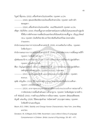 49
วิบูลย์ ลี้สุวรรณ. (2532). เครื่องจักรสานในประเทศไทย. กรุงเทพฯ: ม.ป.พ.
-------------. (2540). ชุดมรดกศิลปหัตถกรรมไทยเครื่องจักรสานไทย. กรุงเทพฯ: องค์การค้า
ของคุรุสภา.
-------------. (2524). เครื่องจักรสานในประเทศไทย. คณะวิจัยแห่งชาติ. กรุงเทพฯ: ม.ป.พ.
ศรีสุดา คัมภีร์ภัทร. (2534). ทักษะพื้นฐานทางคณิตศาสตร์และความเชื่อมั่นในตนเองของเด็กปฐมวัย
ที่ได้รับการจัดกิจกรรมการเคลื่อนไหวและจังหวะที่เน้นองค์ประกอบพื้นฐาน. ปริญญานิพนธ์
กศ.ม. กรุงเทพฯ: บัณฑิตวิทยาลัย มหาวิทยาลัยศรีนครินทรวิโรฒ ประสานมิตร.
ถ่ายเอกสาร.
สํานักงานคณะกรรมการการประถมศึกษาแห่งชาติ. (2528). ความพร้อมในการเรียน. กรุงเทพฯ:
โรงพิมพ์คุรุสภา.
สํานักงานคณะกรรมการการประถมศึกษาแห่งชาติ. (2540). แผนการจัดประสบการณ์ชั้นอนุบาลปีที่1
กรุงเทพฯ: โรงพิมพ์การศาสนา.
สุโขทัยธรรมาธิราช, มหาวิทยาลัย. (2526). การสร้างเสริมประสบการณ์ชีวิตระดับปฐมวัยศึกษา.
กรุงเทพฯ: ยูไนเต็ดโปรดักชั่น.
สิริมา ภิญโญอนันตพงษ์. (2538). แนวคิดสู่แนวปฏิบัติ: แนวการจัดประสบการณ์ปฐมวัยศึกษา.
(หลักสูตรการศึกษาปฐมวัย). กรุงเทพฯ: ดวงกมล. ถ่ายเอกสาร.
-------------. (2545). แนวคิดสู่แนวปฏิบัติ: แนวการจัดประสบการณ์ปฐมวัยศึกษา. กรุงเทพฯ:
ดวงกมล.
สุรชัย ขวัญเมือง. (2522). วิธีการสอน และการวัดผล วิชาคณิตศาสตร์ในชั้นประถมศึกษา.
กรุงเทพฯ: เทพนิมิตการพิมพ์.
-------------. (2529). เอกสารชุดอบรมบุคลากรทางการศึกษาระดับก่อนประถมศึกษา หน่วยงานที่ 6
การจัดประสบการณ์ชั้นเด็กเล็กและการศึกษาดูงาน. กรุงเทพฯ: โรงพิมพ์คุรุสภาลาดพร้าว.
อารี พันธ์มณี. (2542). การสร้างแบบจิตวิทยาการเรียนการสอน. กรุงเทพฯ: เลิฟแอนด์ลิพเพรส.
อัญชลี แจ่มเจริญ. (2526). วิธีสอนกลุ่มทักษะ “คณิตศาสตร์” (ระบบชุดการสอน). กรุงเทพฯ:
โรงพิมพ์ทําปกและเจริญผล.
Bloom, B.S. (1964). Stability and Change Human Characteristics. New York: Jone Wiley
and Son.
Donalson, W.; & Magret, B.G.(1968, November). Less is More A Story of Language
Comprehension in Children. British Journal of Psychology. 59: 461 – 471.
 