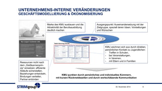 UNTERNEHMENS-INTERNE VERÄNDERUNGENGESCHÄFTSMODELLIERUNG & ÖKONOMISIERUNG 
25. November 2014 8 
Talent Sourcing Canvas 
Ausgangspunkt: Auseinandersetzung mit der 
Zielgruppe, speziell deren Ideen, Vorstellungen 
und Wünschen 
Marke des Betriebes ausbauen und 
die Attraktivität der Berufsausbildung 
deutlich machen 
Direkte und indirekte Akquisewege(BIBB): 
KMU müssen sich durch direkten, persön- 
lichenKontakt zu Jugendlichen auszeichnen: 
-Treffen in Schulen, 
-bei Veranstaltungen, 
-in Vereinen, 
-mit Eltern und in Familien 
Ressourcen nicht nach dem „Gießkannenprin- zip“ einsetzen; effiziente Abläufe sicherstellen, Beziehungen entwickeln, Bindungen vertiefen, Partner einbinden 
Betriebe punkten durch persönliches und individuelles Kümmern, 
mit kurzen Rückmeldezeiten und durch wertschätzende Kommunikation  