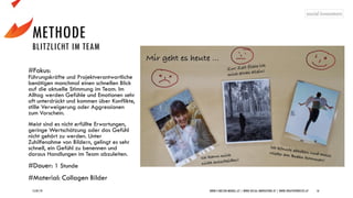 METHODE
BLITZLICHT IM TEAM
15/07/19 WWW.5-WELTEN-MODELL.AT | WWW.SOCIAL-INNOVATORS.AT | WWW.CREATIVEPROCESS.AT 16
#Fokus:
Führungskräfte und Projektverantwortliche
benötigen manchmal einen schnellen Blick
auf die aktuelle Stimmung im Team. Im
Alltag werden Gefühle und Emotionen sehr
oft unterdrückt und kommen über Konflikte,
stille Verweigerung oder Aggressionen
zum Vorschein.
Meist sind es nicht erfüllte Erwartungen,
geringe Wertschätzung oder das Gefühl
nicht gehört zu werden. Unter
Zuhilfenahme von Bildern, gelingt es sehr
schnell, ein Gefühl zu benennen und
daraus Handlungen im Team abzuleiten.
#Dauer: 1 Stunde
#Material: Collagen Bilder
 