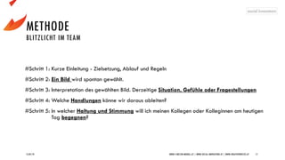 METHODE
BLITZLICHT IM TEAM
15/07/19 WWW.5-WELTEN-MODELL.AT | WWW.SOCIAL-INNOVATORS.AT | WWW.CREATIVEPROCESS.AT 17
#Schritt 1: Kurze Einleitung - Zielsetzung, Ablauf und Regeln
#Schritt 2: Ein Bild wird spontan gewählt.
#Schritt 3: Interpretation des gewählten Bild. Derzeitige Situation, Gefühle oder Fragestellungen
#Schritt 4: Welche Handlungen könne wir daraus ableiten?
#Schritt 5: In welcher Haltung und Stimmung will ich meinen Kollegen oder Kolleginnen am heutigen
Tag begegnen?
 