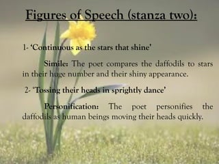 Figures of Speech (stanza two):
1- ‘Continuous as the stars that shine’
Simile: The poet compares the daffodils to stars
i...