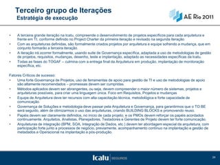 Terceiro grupo de Iterações
    Estratégia de execução


   A terceira grande iteração na Icatu, compreende o desenvolvimento de projetos específicos para cada arquitetura e
    frente em TI, conforme definido no Project Charter da primeira iteração e revisado na segunda iteração.
   Com as arquiteturas definidas, são formalmente criados projetos por arquitetura e equipe sofrendo a mudança, que em
    conjunto formarão a terceira iteração.
   A iteração irá ocorrer formalmente, usando suite de Governança específica, adaptada a uso de metodologias de gestão
    de projetos, requisitos, mudanças, desenho, teste e implantação, adaptado as necessidades específicas da Icatu.
   Todas as fases do TOGAF – culmina com a entrega final da Arquitetura em produção, implantação de monitoração
    específica, etc.

Fatores Críticos de sucesso:
    Uma forte Governança de Projetos, uso de ferramentas de apoio para gestão de TI e uso de metodologias de apoio
     são altamente recomendados – promessas devem ser cumpridas.
    Métodos aplicados devem ser abrangentes, ou seja, devem compreender o maior número de sistemas, projetos e
     arquiteturas possíveis, para criar uma linguagem única. Foco em Requisitos, Projetos e mudanças
    Equipe de Arquitetura deve ter recursos com alta capacitação técnica, metodológica e forte capacidade de
     comunicação.
    Governança de Soluções e metodologia deve passar pela Arquitetura e Governança, para garantirmos que o TO BE
     será seguido, além de otimizarmos o uso das arquiteturas, criando BUILDING BLOCKS e promovendo reuso.
    Papéis devem ser claramente definidos, no início de cada projeto, e os PMOs devem reforçar os papéis acordados
     continuamente. Arquitetos, Analistas, Planejadores, Testadores e Gerentes de Projeto devem ter forte comunicação.
    Arquiteturas de integração (BPM, SOA, Integração de Dados, etc.) devem ter abordagem especial da arquitetura, com
     participação forte junto a processos de negócio, previamente, acompanhamento contínuo na implantação e gestão de
     metadados e Operacional na implantação e pós-produção.




                                                                                                                          24
 
