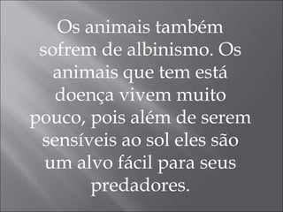 Os animais também sofrem de albinismo. Os animais que tem está doença vivem muito pouco, pois além de serem sensíveis ao sol eles são um alvo fácil para seus predadores. 