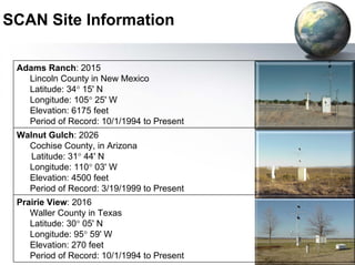 SCAN Site Information 
Adams Ranch: 2015 
Lincoln County in New Mexico 
Latitude: 34° 15' N 
Longitude: 105° 25' W 
Elevation: 6175 feet 
Period of Record: 10/1/1994 to Present 
Walnut Gulch: 2026 
Cochise County, in Arizona 
Latitude: 31° 44' N 
Longitude: 110° 03' W 
Elevation: 4500 feet 
Period of Record: 3/19/1999 to Present 
Prairie View: 2016 
Waller County in Texas 
Latitude: 30° 05' N 
Longitude: 95° 59' W 
Elevation: 270 feet 
Period of Record: 10/1/1994 to Present 
 