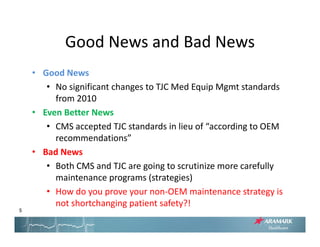 Good News and Bad News
           Good News and Bad News
    • Good News
       • No significant changes to TJC Med Equip Mgmt standards 
         from 2010
    • Even Better News
       • CMS accepted TJC standards in lieu of “according to OEM 
         recommendations
         recommendations”
    • Bad News
       • Both CMS and TJC are going to scrutinize more carefully 
                                g g                            y
         maintenance programs (strategies)
       • How do you prove your non‐OEM maintenance strategy is 
         not shortchanging patient safety?!
            t h t h i         ti t f t ?!
5
 