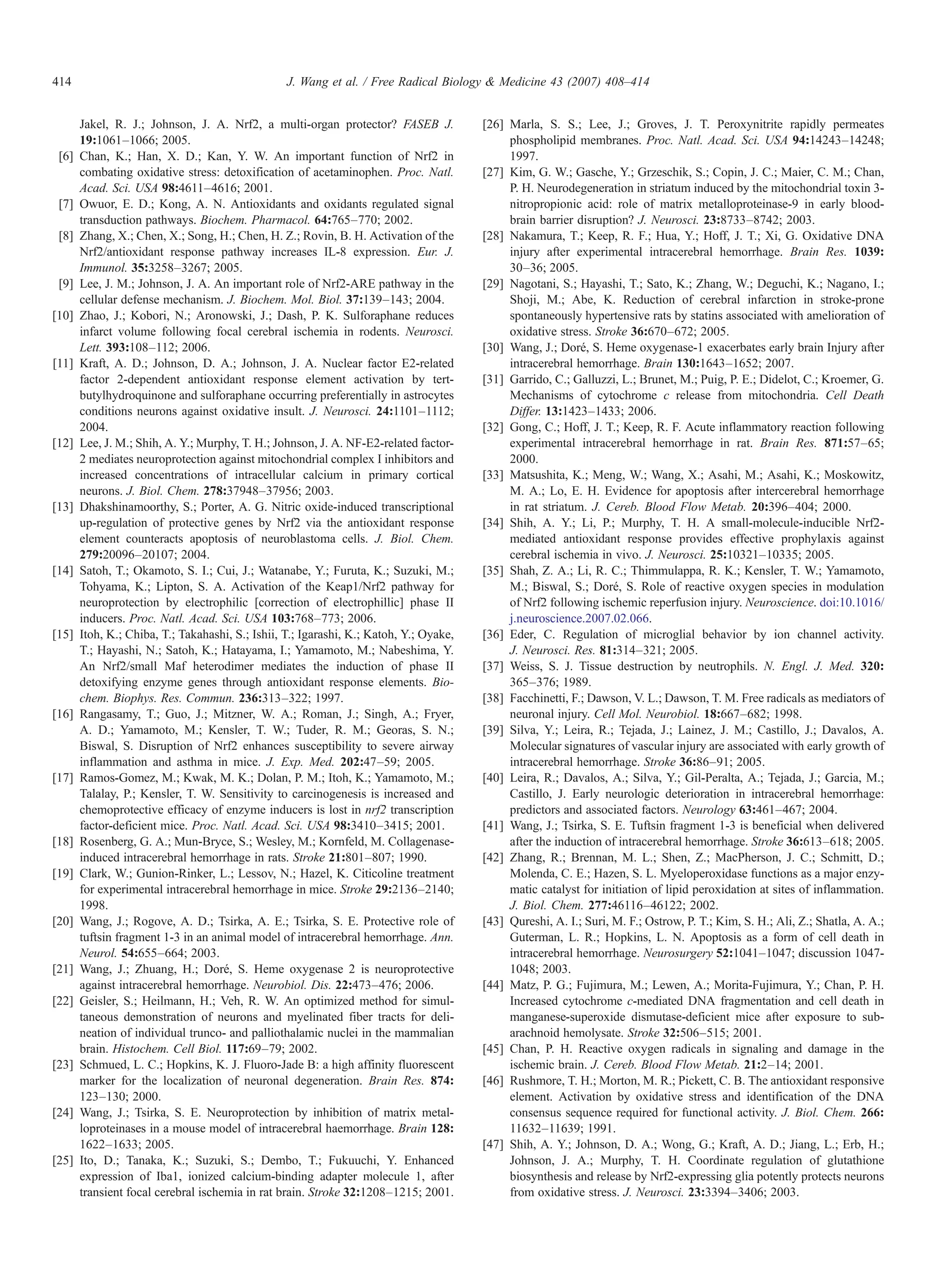 Jakel, R. J.; Johnson, J. A. Nrf2, a multi-organ protector? FASEB J.
19:1061–1066; 2005.
[6] Chan, K.; Han, X. D.; Kan, Y. W. An important function of Nrf2 in
combating oxidative stress: detoxification of acetaminophen. Proc. Natl.
Acad. Sci. USA 98:4611–4616; 2001.
[7] Owuor, E. D.; Kong, A. N. Antioxidants and oxidants regulated signal
transduction pathways. Biochem. Pharmacol. 64:765–770; 2002.
[8] Zhang, X.; Chen, X.; Song, H.; Chen, H. Z.; Rovin, B. H. Activation of the
Nrf2/antioxidant response pathway increases IL-8 expression. Eur. J.
Immunol. 35:3258–3267; 2005.
[9] Lee, J. M.; Johnson, J. A. An important role of Nrf2-ARE pathway in the
cellular defense mechanism. J. Biochem. Mol. Biol. 37:139–143; 2004.
[10] Zhao, J.; Kobori, N.; Aronowski, J.; Dash, P. K. Sulforaphane reduces
infarct volume following focal cerebral ischemia in rodents. Neurosci.
Lett. 393:108–112; 2006.
[11] Kraft, A. D.; Johnson, D. A.; Johnson, J. A. Nuclear factor E2-related
factor 2-dependent antioxidant response element activation by tert-
butylhydroquinone and sulforaphane occurring preferentially in astrocytes
conditions neurons against oxidative insult. J. Neurosci. 24:1101–1112;
2004.
[12] Lee, J. M.; Shih, A. Y.; Murphy, T. H.; Johnson, J. A. NF-E2-related factor-
2 mediates neuroprotection against mitochondrial complex I inhibitors and
increased concentrations of intracellular calcium in primary cortical
neurons. J. Biol. Chem. 278:37948–37956; 2003.
[13] Dhakshinamoorthy, S.; Porter, A. G. Nitric oxide-induced transcriptional
up-regulation of protective genes by Nrf2 via the antioxidant response
element counteracts apoptosis of neuroblastoma cells. J. Biol. Chem.
279:20096–20107; 2004.
[14] Satoh, T.; Okamoto, S. I.; Cui, J.; Watanabe, Y.; Furuta, K.; Suzuki, M.;
Tohyama, K.; Lipton, S. A. Activation of the Keap1/Nrf2 pathway for
neuroprotection by electrophilic [correction of electrophillic] phase II
inducers. Proc. Natl. Acad. Sci. USA 103:768–773; 2006.
[15] Itoh, K.; Chiba, T.; Takahashi, S.; Ishii, T.; Igarashi, K.; Katoh, Y.; Oyake,
T.; Hayashi, N.; Satoh, K.; Hatayama, I.; Yamamoto, M.; Nabeshima, Y.
An Nrf2/small Maf heterodimer mediates the induction of phase II
detoxifying enzyme genes through antioxidant response elements. Bio-
chem. Biophys. Res. Commun. 236:313–322; 1997.
[16] Rangasamy, T.; Guo, J.; Mitzner, W. A.; Roman, J.; Singh, A.; Fryer,
A. D.; Yamamoto, M.; Kensler, T. W.; Tuder, R. M.; Georas, S. N.;
Biswal, S. Disruption of Nrf2 enhances susceptibility to severe airway
inflammation and asthma in mice. J. Exp. Med. 202:47–59; 2005.
[17] Ramos-Gomez, M.; Kwak, M. K.; Dolan, P. M.; Itoh, K.; Yamamoto, M.;
Talalay, P.; Kensler, T. W. Sensitivity to carcinogenesis is increased and
chemoprotective efficacy of enzyme inducers is lost in nrf2 transcription
factor-deficient mice. Proc. Natl. Acad. Sci. USA 98:3410–3415; 2001.
[18] Rosenberg, G. A.; Mun-Bryce, S.; Wesley, M.; Kornfeld, M. Collagenase-
induced intracerebral hemorrhage in rats. Stroke 21:801–807; 1990.
[19] Clark, W.; Gunion-Rinker, L.; Lessov, N.; Hazel, K. Citicoline treatment
for experimental intracerebral hemorrhage in mice. Stroke 29:2136–2140;
1998.
[20] Wang, J.; Rogove, A. D.; Tsirka, A. E.; Tsirka, S. E. Protective role of
tuftsin fragment 1-3 in an animal model of intracerebral hemorrhage. Ann.
Neurol. 54:655–664; 2003.
[21] Wang, J.; Zhuang, H.; Doré, S. Heme oxygenase 2 is neuroprotective
against intracerebral hemorrhage. Neurobiol. Dis. 22:473–476; 2006.
[22] Geisler, S.; Heilmann, H.; Veh, R. W. An optimized method for simul-
taneous demonstration of neurons and myelinated fiber tracts for deli-
neation of individual trunco- and palliothalamic nuclei in the mammalian
brain. Histochem. Cell Biol. 117:69–79; 2002.
[23] Schmued, L. C.; Hopkins, K. J. Fluoro-Jade B: a high affinity fluorescent
marker for the localization of neuronal degeneration. Brain Res. 874:
123–130; 2000.
[24] Wang, J.; Tsirka, S. E. Neuroprotection by inhibition of matrix metal-
loproteinases in a mouse model of intracerebral haemorrhage. Brain 128:
1622–1633; 2005.
[25] Ito, D.; Tanaka, K.; Suzuki, S.; Dembo, T.; Fukuuchi, Y. Enhanced
expression of Iba1, ionized calcium-binding adapter molecule 1, after
transient focal cerebral ischemia in rat brain. Stroke 32:1208–1215; 2001.
[26] Marla, S. S.; Lee, J.; Groves, J. T. Peroxynitrite rapidly permeates
phospholipid membranes. Proc. Natl. Acad. Sci. USA 94:14243–14248;
1997.
[27] Kim, G. W.; Gasche, Y.; Grzeschik, S.; Copin, J. C.; Maier, C. M.; Chan,
P. H. Neurodegeneration in striatum induced by the mitochondrial toxin 3-
nitropropionic acid: role of matrix metalloproteinase-9 in early blood-
brain barrier disruption? J. Neurosci. 23:8733–8742; 2003.
[28] Nakamura, T.; Keep, R. F.; Hua, Y.; Hoff, J. T.; Xi, G. Oxidative DNA
injury after experimental intracerebral hemorrhage. Brain Res. 1039:
30–36; 2005.
[29] Nagotani, S.; Hayashi, T.; Sato, K.; Zhang, W.; Deguchi, K.; Nagano, I.;
Shoji, M.; Abe, K. Reduction of cerebral infarction in stroke-prone
spontaneously hypertensive rats by statins associated with amelioration of
oxidative stress. Stroke 36:670–672; 2005.
[30] Wang, J.; Doré, S. Heme oxygenase-1 exacerbates early brain Injury after
intracerebral hemorrhage. Brain 130:1643–1652; 2007.
[31] Garrido, C.; Galluzzi, L.; Brunet, M.; Puig, P. E.; Didelot, C.; Kroemer, G.
Mechanisms of cytochrome c release from mitochondria. Cell Death
Differ. 13:1423–1433; 2006.
[32] Gong, C.; Hoff, J. T.; Keep, R. F. Acute inflammatory reaction following
experimental intracerebral hemorrhage in rat. Brain Res. 871:57–65;
2000.
[33] Matsushita, K.; Meng, W.; Wang, X.; Asahi, M.; Asahi, K.; Moskowitz,
M. A.; Lo, E. H. Evidence for apoptosis after intercerebral hemorrhage
in rat striatum. J. Cereb. Blood Flow Metab. 20:396–404; 2000.
[34] Shih, A. Y.; Li, P.; Murphy, T. H. A small-molecule-inducible Nrf2-
mediated antioxidant response provides effective prophylaxis against
cerebral ischemia in vivo. J. Neurosci. 25:10321–10335; 2005.
[35] Shah, Z. A.; Li, R. C.; Thimmulappa, R. K.; Kensler, T. W.; Yamamoto,
M.; Biswal, S.; Doré, S. Role of reactive oxygen species in modulation
of Nrf2 following ischemic reperfusion injury. Neuroscience. doi:10.1016/
j.neuroscience.2007.02.066.
[36] Eder, C. Regulation of microglial behavior by ion channel activity.
J. Neurosci. Res. 81:314–321; 2005.
[37] Weiss, S. J. Tissue destruction by neutrophils. N. Engl. J. Med. 320:
365–376; 1989.
[38] Facchinetti, F.; Dawson, V. L.; Dawson, T. M. Free radicals as mediators of
neuronal injury. Cell Mol. Neurobiol. 18:667–682; 1998.
[39] Silva, Y.; Leira, R.; Tejada, J.; Lainez, J. M.; Castillo, J.; Davalos, A.
Molecular signatures of vascular injury are associated with early growth of
intracerebral hemorrhage. Stroke 36:86–91; 2005.
[40] Leira, R.; Davalos, A.; Silva, Y.; Gil-Peralta, A.; Tejada, J.; Garcia, M.;
Castillo, J. Early neurologic deterioration in intracerebral hemorrhage:
predictors and associated factors. Neurology 63:461–467; 2004.
[41] Wang, J.; Tsirka, S. E. Tuftsin fragment 1-3 is beneficial when delivered
after the induction of intracerebral hemorrhage. Stroke 36:613–618; 2005.
[42] Zhang, R.; Brennan, M. L.; Shen, Z.; MacPherson, J. C.; Schmitt, D.;
Molenda, C. E.; Hazen, S. L. Myeloperoxidase functions as a major enzy-
matic catalyst for initiation of lipid peroxidation at sites of inflammation.
J. Biol. Chem. 277:46116–46122; 2002.
[43] Qureshi, A. I.; Suri, M. F.; Ostrow, P. T.; Kim, S. H.; Ali, Z.; Shatla, A. A.;
Guterman, L. R.; Hopkins, L. N. Apoptosis as a form of cell death in
intracerebral hemorrhage. Neurosurgery 52:1041–1047; discussion 1047-
1048; 2003.
[44] Matz, P. G.; Fujimura, M.; Lewen, A.; Morita-Fujimura, Y.; Chan, P. H.
Increased cytochrome c-mediated DNA fragmentation and cell death in
manganese-superoxide dismutase-deficient mice after exposure to sub-
arachnoid hemolysate. Stroke 32:506–515; 2001.
[45] Chan, P. H. Reactive oxygen radicals in signaling and damage in the
ischemic brain. J. Cereb. Blood Flow Metab. 21:2–14; 2001.
[46] Rushmore, T. H.; Morton, M. R.; Pickett, C. B. The antioxidant responsive
element. Activation by oxidative stress and identification of the DNA
consensus sequence required for functional activity. J. Biol. Chem. 266:
11632–11639; 1991.
[47] Shih, A. Y.; Johnson, D. A.; Wong, G.; Kraft, A. D.; Jiang, L.; Erb, H.;
Johnson, J. A.; Murphy, T. H. Coordinate regulation of glutathione
biosynthesis and release by Nrf2-expressing glia potently protects neurons
from oxidative stress. J. Neurosci. 23:3394–3406; 2003.
414 J. Wang et al. / Free Radical Biology & Medicine 43 (2007) 408–414
 