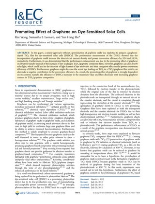 Promoting Eﬀect of Graphene on Dye-Sensitized Solar Cells
Hui Wang, Samantha L Leonard, and Yun Hang Hu*
Department of Materials Science and Engineering, Michigan Technological University, 1400 Townsend Drive, Houghton, Michigan
49931-1295, United States
ABSTRACT: In this paper, a simple approach without a prereduction of graphene oxide was exploited to prepare a graphene-
doped TiO2 ﬁlm for dye-sensitized solar cells (DSSCs). The performance measurement of the DSSCs showed that the
incorporation of graphene could increase the short-circuit current density and power conversion eﬃciency by 52.4 and 55.3%,
respectively. Furthermore, it was demonstrated that the performance enhancement was due to the promoting eﬀect of graphene
on electron transfer instead of the increase of dye loading in TiO2/graphene composite ﬁlms. However, graphene can also absorb
solar light, which could lead to the decrease of light harvest of dye molecules and thus a negative eﬀect on the power conversion
eﬃciency of DSSCs. Furthermore, graphene might decrease the actual dye loading on TiO2 in a TiO2/graphene ﬁlm, which can
also make a negative contribution to the conversion eﬃciency. As a result, the promoting eﬀect of graphene is strongly dependent
on its content; namely, the eﬃciency of DSSCs increases to the maximum value and then decreases with increasing graphene
content in TiO2/graphene composites.
1. INTRODUCTION
Since its experimental demonstration in 2004,1
graphenea
two-dimensional carbon nanomaterialhas been a rising star in
material science due to its unique properties, such as high
carrier mobility,2
excellent transmittance,3
large surface area,4
and high breaking strength and Young's modulus.5
Graphene can be synthesized via various approaches,
including mechanical exfoliation,1,6−9
epitaxial growth on SiC
substrate,10−14
chemical vapor deposition (CVD),15−18
and
chemical exfoliation method (also called oxidation−reduction
of graphite).19−23
The chemical exfoliation method, which
produces graphene sheets via three steps (oxidation of graphite,
exfoliation of graphite oxide to graphene oxide, and reduction
of graphene oxide), is attracting much attention due to its low
cost, its high yield to synthesize large area graphene ﬁlms, and
its ability to achieve chemical functionalization. Furthermore,
this method is widely employed to prepare graphene-based
composites.24,25
This happened because graphene oxide can be
well dispersed in water or other polar solvents to form a
homogeneous solution.26,27
The graphene oxide solution can
allow one to mix graphene with a matrix homogenously,
producing graphene-based composites with promising mechan-
ical and thermal properties.25
Very recently, it was reported that
graphene sheets can provide pathways for electron transfer in
graphene-based composites.28−33
For example, transistors
fabricated with graphene−polystyrene composite could exhibit
ambipolar ﬁeld eﬀect characteristics.28
Recently, considerable
eﬀorts have been made to fabricate TiO2/graphene compo-
sites,29−33
which showed improved photocatalytic activities
through the tests of dye photodegradation30−32
and the
enhanced performance in Li-based batteries.33
As a novel two-dimensional carbon nanomaterial, graphene is
being explored for its application in photovoltaic devices.34
The
dye-sensitized solar cell (DSSC) is a promising photovoltaic
device due to its low production cost, ease of manufacturing,
and acceptable power conversion eﬃciency.35−39
In principle,
photoexcitation of the dye in a DSSC leads to a rapid electron
injection to the conduction band of the semiconductor (i.e.,
TiO2), followed by electron transfer to the photoelectrode,
where the original state of the dye is restored by electron
donation from the electrolyte. The collected electrons in the
photoelectrode are transported through an external circuit to
the counter electrode, and the circuit is completed through
regenerating the electrolyte at the counter electrode.40,41
The
application of graphene sheets in DSSCs is very promising.
Graphene ﬁlms have been explored as both the transparent
electrode and the counter electrode for DSSCs due to their
high transparency and electron transfer mobility as well as their
electrochemical activities.42−44
Furthermore, graphene sheets
can also mix with TiO2 semiconductor to form a composite ﬁlm
and to enhance the electron transfer from TiO2 to a
photoelectrode. The performance enhancement of DSSCs as
a result of the graphene incorporation was demonstrated by
several groups.45−48
In previous works, three steps were employed to fabricate
graphene/TiO2 composite ﬁlms for DSSCs:45−48
(1) mixing
graphene oxide with TiO2, (2) prereduction of graphene oxide
to graphene by UV radiation or chemical reductants (such as
hydrazine), and (3) coating graphene/TiO2 as a ﬁlm on the
electrode, followed by calcination at 450 °C. However, it was
known that graphene oxide can be reduced to graphene by
annealing at temperatures above 150 °C.49−51
It would be
reasonable for us to have a hypothesis: the prereduction of
graphene oxide is not necessary in the fabrication of graphene/
TiO2-based DSSCs, because graphene oxide in TiO2 can be
reduced to graphene during the heat treatment of the
photoelectrode at 450 °C. In this work, experiments were
carried out to test this hypothesis. Furthermore, the eﬀect of
graphene content on the performance of graphene/TiO2-based
Received: March 1, 2012
Revised: July 16, 2012
Accepted: July 20, 2012
Published: July 20, 2012
Article
pubs.acs.org/IECR
© 2012 American Chemical Society 10613 dx.doi.org/10.1021/ie300563h | Ind. Eng. Chem. Res. 2012, 51, 10613−10620
 
