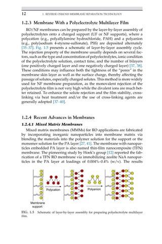 1.2.3 Membrane With a Polyelectrolyte Multilayer Film
RO/NF membranes can be prepared by the layer-by-layer assembly of
polyelectrolytes onto a charged support (UF or NF supports), where a
polycation (e.g., polyallylamine hydrochloride, PAH) and a polyanion
(e.g., poly(sodium 4-styrene-sulfonate), PSS) are deposited alternately
[35–37]. Fig. 1.5 presents a schematic of layer-by-layer assembly cycle.
The rejection property of the membrane usually depends on several fac-
tors, such as the type and concentration of polyelectrolytes, ionic condition
of the polyelectrolyte solution, contact time, and the number of bilayers
(one positively charged layer and one negatively charged layer) [37, 38].
These conditions may influence both the tightness of the “pores” in the
membrane skin layer as well as the surface charge, thereby affecting the
passage of solutes, especially charged solutes. This method is more widely
used for NF membrane preparation, as the monovalent rejection of the
polyelectrolyte film is not very high while the divalent ions are much bet-
ter retained. To enhance the solute rejection and the film stability, cross-
linking via heat treatment and/or the use of cross-linking agents are
generally adopted [37–40].
1.2.4 Recent Advances in Membranes
1.2.4.1 Mixed Matrix Membranes
Mixed matrix membranes (MMMs) for RO applications are fabricated
by incorporating inorganic nanoparticles into membrane matrix via
blending the materials into the polymer solution for the support or the
monomer solution for the PA layer [27, 41]. The membrane with nanopar-
ticles embedded PA layer is also named thin-film nanocomposite (TFN)
membrane. The pioneering study by Hoek’s group [12] reported the fab-
rication of a TFN RO membrane via immobilizing zeolite NaA nanopar-
ticles in the PA layer at loadings of 0.004%–0.4% (w/v). The results
Polycation Polyanion
Membrane
support
FIG. 1.5 Schematic of layer-by-layer assembly for preparing polyelectrolyte multilayer
film.
12 1. REVERSE OSMOSIS MEMBRANE SEPARATION TECHNOLOGY
 
