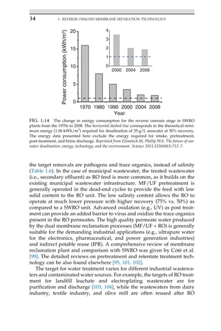 the target removals are pathogens and trace organics, instead of salinity
(Table 1.6). In the case of municipal wastewater, the treated wastewater
(i.e., secondary effluent) as RO feed is more common, as it builds on the
existing municipal wastewater infrastructure. MF/UF pretreatment is
generally operated in the dead-end cycles to provide the feed with low
solid content to the RO unit. The low salinity content allows the RO to
operate at much lower pressure with higher recovery (75% vs. 50%) as
compared to a SWRO unit. Advanced oxidation (e.g., UV) as post treat-
ment can provide an added barrier to virus and oxidize the trace organics
present in the RO permeates. The high quality permeate water produced
by the dual membrane reclamation processes (MF/UF + RO) is generally
suitable for the demanding industrial applications (e.g., ultrapure water
for the electronics, pharmaceutical, and power generation industries)
and indirect potable reuse (IPR). A comprehensive review of membrane
reclamation plant and comparison with SWRO was given by C^
ot
e et al.
[99]. The detailed reviews on pretreatment and retentate treatment tech-
nology can be also found elsewhere [95, 101, 102].
The target for water treatment varies for different industrial wastewa-
ters and contaminated water sources. For example, the targets of RO treat-
ment for landfill leachate and electroplating wastewater are for
purification and discharge [103, 104], while the wastewaters from dairy
industry, textile industry, and olive mill are often reused after RO
FIG. 1.14 The change in energy consumption for the reverse osmosis stage in SWRO
plants from the 1970s to 2008. The horizontal dashed line corresponds to the theoretical mini-
mum energy (1.06 kWh/m3
) required for desalination of 35 g/L seawater at 50% recovery.
The energy data presented here exclude the energy required for intake, pretreatment,
post-treatment, and brine discharge. Reprinted from Elimelech M, Phillip WA. The future of sea-
water desalination: energy, technology, and the environment. Science 2011;333(6043):712–7.
34 1. REVERSE OSMOSIS MEMBRANE SEPARATION TECHNOLOGY
 