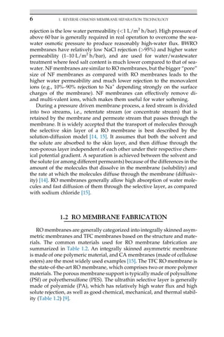 rejection is the low water permeability (1 L/m2
h/bar). High pressure of
above 60 bar is generally required in real operation to overcome the sea-
water osmotic pressure to produce reasonably high-water flux. BWRO
membranes have relatively low NaCl rejection (95%) and higher water
permeability (1–10 L/m2
h/bar), and are used for water/wastewater
treatment where feed salt content is much lower compared to that of sea-
water. NF membranes are similar to RO membranes, but the bigger “pore”
size of NF membranes as compared with RO membranes leads to the
higher water permeability and much lower rejection to the monovalent
ions (e.g., 10%–90% rejection to Na+
depending strongly on the surface
charges of the membrane). NF membranes can effectively remove di-
and multi-valent ions, which makes them useful for water softening.
During a pressure driven membrane process, a feed stream is divided
into two streams, i.e., retentate stream (or concentrate stream) that is
retained by the membrane and permeate stream that passes through the
membrane. It is widely accepted that the transport of molecules through
the selective skin layer of a RO membrane is best described by the
solution-diffusion model [14, 15]. It assumes that both the solvent and
the solute are absorbed to the skin layer, and then diffuse through the
non-porous layer independent of each other under their respective chem-
ical potential gradient. A separation is achieved between the solvent and
the solute (or among different permeants) because of the differences in the
amount of the molecules that dissolve in the membrane (solubility) and
the rate at which the molecules diffuse through the membrane (diffusiv-
ity) [14]. RO membranes generally allow high absorption of water mole-
cules and fast diffusion of them through the selective layer, as compared
with sodium chloride [15].
1.2 RO MEMBRANE FABRICATION
RO membranes are generally categorized into integrally skinned asym-
metric membranes and TFC membranes based on the structure and mate-
rials. The common materials used for RO membrane fabrication are
summarized in Table 1.2. An integrally skinned asymmetric membrane
is made of one polymeric material, and CA membranes (made of cellulose
esters) are the most widely used examples [15]. The TFC RO membrane is
the state-of-the-art RO membrane, which comprises two or more polymer
materials. The porous membrane support is typically made of polysulfone
(PSf) or polyethersulfone (PES). The ultrathin selective layer is generally
made of polyamide (PA), which has relatively high water flux and high
solute rejection, as well as good chemical, mechanical, and thermal stabil-
ity (Table 1.2) [9].
6 1. REVERSE OSMOSIS MEMBRANE SEPARATION TECHNOLOGY
 