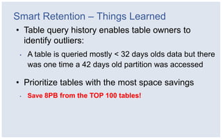 Smart Retention – Things Learned
• Table query history enables table owners to
  identify outliers:
 •   A table is queried mostly < 32 days olds data but there
     was one time a 42 days old partition was accessed

• Prioritize tables with the most space savings
 •   Save 8PB from the TOP 100 tables!
 