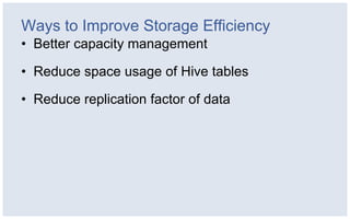 Ways to Improve Storage Efficiency
• Better capacity management

• Reduce space usage of Hive tables

• Reduce replication factor of data
 