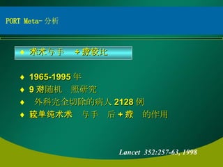 手术与手术 + 放疗比较 1965-1995 年 9 个随机对照研究 外科完全切除的病人 2128 例 比较单纯手术与手术后 + 放疗的作用 Lancet  352:257-63, 1998 PORT Meta- 分析 