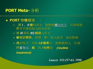 PORT Meta- 分析 PORT 协作组结论： 对 I 、 II 期的非小细胞肺癌 根治性手术 后加用放疗并不增加病人的生存率 对 III 期和 N2 的病人尚无结论 年龄、性别、病理诊断对病人是否获益无影响 根治性手术后的 I-II 期非小细胞肺癌病人术后放疗 不应成为 常规的 / 标准治疗 (routine  treatment) Lancet  352:257-63, 1998 