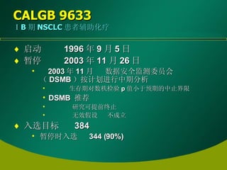CALGB 9633   ⅠB 期 NSCLC 患者辅助化疗 启动      1996 年 9 月 5 日 暂停      2003 年 11 月 26 日 2003 年 11 月      数据安全监测委员会（ DSMB ）按计划进行中期分析 生存期对数秩检验 p 值小于预期的中止界限 DSMB  推荐 研究可提前终止 无效假设      不成立 入选目标      384 暂停时入选    344 (90%)  