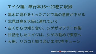 WANGAN Midnight Study Party / January 30th, 2021
WANGAN Midnight Study Party / January 30th, 2021
エイジ編 : 単行本16～20巻に収録
●
黒木に遅れをとったことで島の意欲が下がる
●
北見は島を大阪に連れていく
●
古くからの知り合い、シゲがマフラー作製
●
世話をしたエイジは、シゲの勧めで東京へ
●
大田、リカコと知り合いエボVをチューン
 
