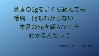 倉庫のEgをいくら組んでも
結局　何もわからない──
本番のEgを組んでこそ
わかるんだって
「湾岸ミッドナイト」18巻・P33
 