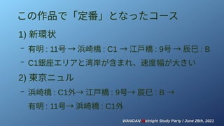 WANGAN
WANGAN M
Midnight Study Party / June 26th, 2021
idnight Study Party / June 26th, 2021
この作品で「定番」となったコース
1) 新環状
– 有明 : 11号 → 浜崎橋 : C1　 → 江戸橋 : 9号 → 辰巳 : B
– C1銀座エリアと湾岸が含まれ、速度幅が大きい
2) 東京ニュル
– 浜崎橋 : C1外→ 江戸橋 : 9号→ 辰巳 : B　 →
有明 : 11号→ 浜崎橋 : C1外
 