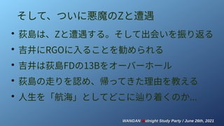 WANGAN
WANGAN M
Midnight Study Party / June 26th, 2021
idnight Study Party / June 26th, 2021
そして、ついに悪魔のZと遭遇
●
荻島は、Zと遭遇する。そして出会いを振り返る
●
吉井にRGOに入ることを勧められる
●
吉井は荻島FDの13Bをオーバーホール
●
荻島の走りを認め、帰ってきた理由を教える
●
人生を「航海」としてどこに辿り着くのか...
 