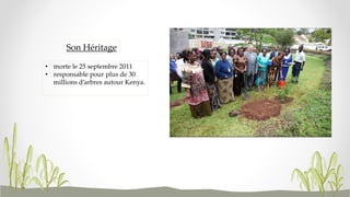 • morte le 25 septembre 2011
• responsable pour plus de 30
millions d’arbres autour Kenya.
Son Héritage