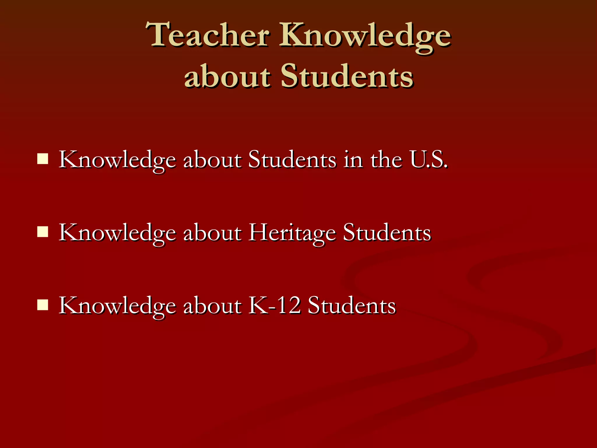 Teacher Knowledge about Students Knowledge about Students in the U.S. Knowledge about Heritage Students Knowledge about K-12 Students 