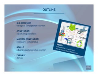 OUTLINE 
Apollo	
  Collabora've	
  Cura'on	
  and	
  	
  
Interac've	
  Analysis	
  of	
  Genomes	
  
100OUTLINE
•  BIO-­‐REFRESHER	
  
biological	
  concepts	
  for	
  cura'on	
  
•  ANNOTATION	
  
automa'c	
  predic'ons	
  
•  MANUAL	
  ANNOTATION	
  
necessary,	
  collabora've	
  
	
  
•  APOLLO	
  
advancing	
  collabora've	
  cura'on	
  
	
  
•  EXAMPLE	
  
demos	
  
 