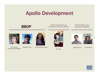Apollo Development
Nathan Dunn
Eric Yao
Christine Elsik’s Lab,
University of Missouri
Suzi Lewis
Principal Investigator
BBOP
Moni Munoz-Torres Colin DieshDeepak Unni
JBrowse. Ian Holmes’ Lab
University of California, Berkeley
 