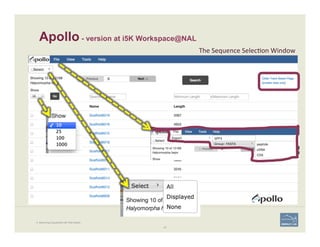 Apollo - version at i5K Workspace@NAL
254. Becoming Acquainted with Web Apollo.
25
The	
  Sequence	
  Selec'on	
  Window	
  
 