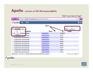 Sort
Apollo - version at i5K Workspace@NAL
26
“Old	
  Track	
  Select	
  Page”	
  
4. Becoming Acquainted with Web Apollo.
26
 