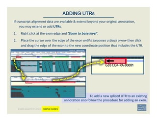 If	
  transcript	
  alignment	
  data	
  are	
  available	
  &	
  extend	
  beyond	
  your	
  original	
  annota'on,	
  	
  
you	
  may	
  extend	
  or	
  add	
  UTRs.	
  	
  
1.  Right	
  click	
  at	
  the	
  exon	
  edge	
  and	
  ‘Zoom	
  to	
  base	
  level’.	
  	
  
2.  Place	
  the	
  cursor	
  over	
  the	
  edge	
  of	
  the	
  exon	
  un$l	
  it	
  becomes	
  a	
  black	
  arrow	
  then	
  click	
  
and	
  drag	
  the	
  edge	
  of	
  the	
  exon	
  to	
  the	
  new	
  coordinate	
  posi'on	
  that	
  includes	
  the	
  UTR.	
  	
  
42	
ADDING UTRs
To	
  add	
  a	
  new	
  spliced	
  UTR	
  to	
  an	
  exis'ng	
  	
  
annota'on	
  also	
  follow	
  the	
  procedure	
  for	
  adding	
  an	
  exon.	
  
BECOMING ACQUAINTED WITH APOLLO SIMPLE CASES
 