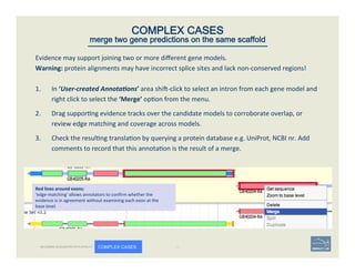 Evidence	
  may	
  support	
  joining	
  two	
  or	
  more	
  diﬀerent	
  gene	
  models.	
  	
  
Warning:	
  protein	
  alignments	
  may	
  have	
  incorrect	
  splice	
  sites	
  and	
  lack	
  non-­‐conserved	
  regions!	
  
	
  
1.  In	
  ‘User-­‐created	
  Annota<ons’	
  area	
  shio-­‐click	
  to	
  select	
  an	
  intron	
  from	
  each	
  gene	
  model	
  and	
  
right	
  click	
  to	
  select	
  the	
  ‘Merge’	
  op'on	
  from	
  the	
  menu.	
  	
  
2.  Drag	
  suppor'ng	
  evidence	
  tracks	
  over	
  the	
  candidate	
  models	
  to	
  corroborate	
  overlap,	
  or	
  
review	
  edge	
  matching	
  and	
  coverage	
  across	
  models.	
  
3.  Check	
  the	
  resul'ng	
  transla'on	
  by	
  querying	
  a	
  protein	
  database	
  e.g.	
  UniProt,	
  NCBI	
  nr.	
  Add	
  
comments	
  to	
  record	
  that	
  this	
  annota'on	
  is	
  the	
  result	
  of	
  a	
  merge.	
  
49	
Red	
  lines	
  around	
  exons:	
  
‘edge-­‐matching’	
  allows	
  annotators	
  to	
  conﬁrm	
  whether	
  the	
  
evidence	
  is	
  in	
  agreement	
  without	
  examining	
  each	
  exon	
  at	
  the	
  
base	
  level.	
  
COMPLEX CASES
merge two gene predictions on the same scaffold
BECOMING ACQUAINTED WITH APOLLO COMPLEX CASES
 