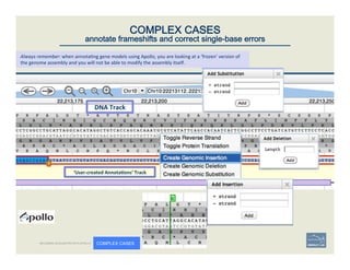 DNA	
  Track	
  
‘User-­‐created	
  Annota;ons’	
  Track	
  
51	
COMPLEX CASES
annotate frameshifts and correct single-base errors
Always	
  remember:	
  when	
  annota'ng	
  gene	
  models	
  using	
  Apollo,	
  you	
  are	
  looking	
  at	
  a	
  ‘frozen’	
  version	
  of	
  
the	
  genome	
  assembly	
  and	
  you	
  will	
  not	
  be	
  able	
  to	
  modify	
  the	
  assembly	
  itself.	
  
BECOMING ACQUAINTED WITH APOLLO COMPLEX CASES
 