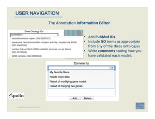 57	
The	
  Annota'on	
  Informa;on	
  Editor	
  
•  Add	
  PubMed	
  IDs	
  
•  Include	
  GO	
  terms	
  as	
  appropriate	
  
from	
  any	
  of	
  the	
  three	
  ontologies	
  
•  Write	
  comments	
  sta'ng	
  how	
  you	
  
have	
  validated	
  each	
  model.	
  
57	
USER NAVIGATION
BECOMING ACQUAINTED WITH APOLLO
 