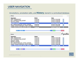 59	
Annota'ons,	
  annota'on	
  edits,	
  and	
  History:	
  stored	
  in	
  a	
  centralized	
  database.	
  
59	
USER NAVIGATION
BECOMING ACQUAINTED WITH APOLLO
 