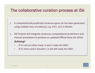 64i5K Workspace@NAL
The collaborative curation process at i5k
1.  A	
  computa'onally	
  predicted	
  consensus	
  gene	
  set	
  has	
  been	
  generated	
  
using	
  mul'ple	
  lines	
  of	
  evidence;	
  e.g.	
  HVIT_v0.5.3-­‐Models	
  
	
  
2.  i5K	
  Projects	
  will	
  integrate	
  consensus	
  computa'onal	
  predic'ons	
  with	
  
manual	
  annota'ons	
  to	
  produce	
  an	
  updated	
  Oﬃcial	
  Gene	
  Set	
  (OGS):	
  
Achtung!	
  
•  If	
  it’s	
  not	
  on	
  either	
  track,	
  it	
  won’t	
  make	
  the	
  OGS!	
  
•  If	
  it’s	
  there	
  and	
  it	
  shouldn’t,	
  it	
  will	
  s'll	
  make	
  the	
  OGS!	
  
 