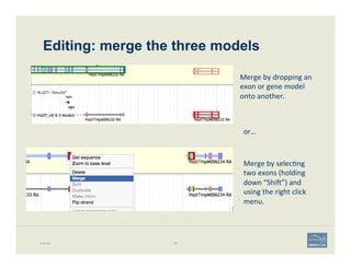 Editing: merge the three models
Example 86
Merge	
  by	
  dropping	
  an	
  
exon	
  or	
  gene	
  model	
  
onto	
  another.	
  
Merge	
  by	
  selec'ng	
  
two	
  exons	
  (holding	
  
down	
  “Shio”)	
  and	
  
using	
  the	
  right	
  click	
  
menu.	
  
or…	
  
 