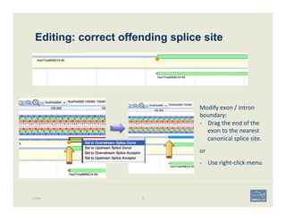 Editing: correct offending splice site
Example 88
Modify	
  exon	
  /	
  intron	
  
boundary:	
  	
  
-­‐  Drag	
  the	
  end	
  of	
  the	
  
exon	
  to	
  the	
  nearest	
  
canonical	
  splice	
  site.	
  
	
  
or	
  
	
  
-­‐  Use	
  right-­‐click	
  menu.	
  
 