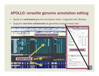 APOLLO: versatile genome annotation editing
•  Apollo is a web-based genome annotation editor, integrated with JBrowse
•  ...