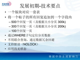 发展初期-技术要点
• 一个版块对应一套表
• 将一个帖子的所有回复追加到一个字段内
    – 500个回复一页（及根据大小分页 300k)
    – 300个回复一页（及根据大小分页 200k)
    – 100个回复一页
•   通过WHERE子句定位分页数据
•   不用联合查询，通过数据冗余回避
•   支持脏读（NOLOCK）
•   应用的无状态
 