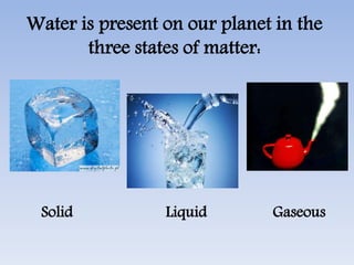Water is present on our planet in the
three states of matter:
Solid Liquid Gaseous
 
