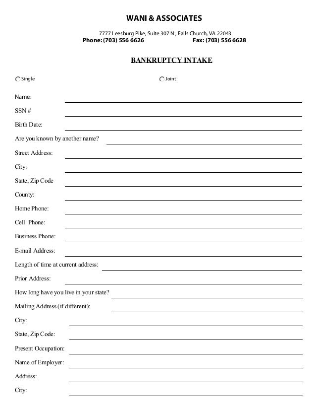 wani associates p c bankruptcy intake form form 556