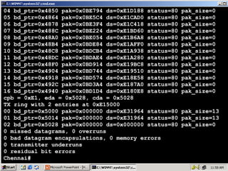 04 bd_ptr=0x4850 pak=0x0BE794 ds=0xE1D188 status=80
05 bd_ptr=0x4864 pak=0x0BE5C4 ds=0xE1CAD0 status=80
06 bd_ptr=0x4878 pak=0x0BE3F4 ds=0xE1C418 status=80
07 bd_ptr=0x488C pak=0x0BE224 ds=0xE1BD60 status=80
08 bd_ptr=0x48A0 pak=0x0BE054 ds=0xE1B6A8 status=80
09 bd_ptr=0x48B4 pak=0x0BDE84 ds=0xE1AFF0 status=80
10 bd_ptr=0x48C8 pak=0x0BDCB4 ds=0xE1A938 status=80
11 bd_ptr=0x48DC pak=0x0BDAE4 ds=0xE1A280 status=80
12 bd_ptr=0x48F0 pak=0x0BD914 ds=0xE19BC8 status=80
13 bd_ptr=0x4904 pak=0x0BD744 ds=0xE19510 status=80
14 bd_ptr=0x4918 pak=0x0BD574 ds=0xE18E58 status=80
15 bd_ptr=0x492C pak=0x0BD3A4 ds=0xE187A0 status=80
16 bd_ptr=0x4940 pak=0x0BD1D4 ds=0xE180E8 status=80
cpb = 0xE1, eda = 0x5028, cda = 0x5028
TX ring with 2 entries at 0xE15000
00 bd_ptr=0x5000 pak=0x000000 ds=0xE31964 status=80
01 bd_ptr=0x5014 pak=0x000000 ds=0xE31964 status=80
02 bd_ptr=0x5028 pak=0x000000 ds=0x000000 status=80
0 missed datagrams, 0 overruns
0 bad datagram encapsulations, 0 memory errors
0 transmitter underruns
0 residual bit errors
Chennai#

15

pak_size=0
pak_size=0
pak_size=0
pak_size=0
pak_size=0
pak_size=0
pak_size=0
pak_size=0
pak_size=0
pak_size=0
pak_size=0
pak_size=0
pak_size=0
pak_size=13
pak_size=13
pak_size=0

 