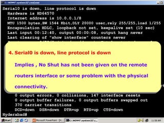 Serial0 is down, line protocol is down
Hardware is HD64570
Internet address is 10.0.0.1/8
MTU 1500 bytes,BW 1544 Kbit,DLY 20000 usec,rely 255/255,load 1/255

Encapsulation HDLC, loopback not set, keepalive set (10 sec)
Last input 00:12:40, output 00:00:08, output hang never
Last clearing of "show interface" counters never
Input queue: 0/75/0 (size/max/drops); Total output drops: 0
Queueing strategy: weighted fair
Output queue: down, line protocol is total/threshold/drops)
4. Serial0 is 0/1000/64/0 (size/max down
4. Serial0 is down, line protocol is down
Conversations 0/1/256 (active/max active/max total)
Reserved Conversations 0/0 (allocated/max allocated)
Implies No Shut bits/sec, 0 packets/sec
5 minute input rate 0 has not been given on the remote
Implies ,, No Shut has not been given on the remote
5 minute output rate 0 bits/sec, 0 packets/sec
1088 packets input, some problem with the
routers interface or some problem with the physical
routers interface or 21435 bytes, 0 no buffer physical
Received 966 broadcasts, 0 runts, 0 giants, 0 throttles
0 input errors,
connectivity. 0 CRC, 0 frame, 0 overrun, 0 ignored, 0 abort
connectivity.
945 packets output, 26091 bytes, 0 underruns
0 output errors, 0 collisions, 147 interface resets
0 output buffer failures, 0 output buffers swapped out
370 carrier transitions
DCD=down DSR=down DTR=up RTS=up CTS=down
Hyderabad#

22

 