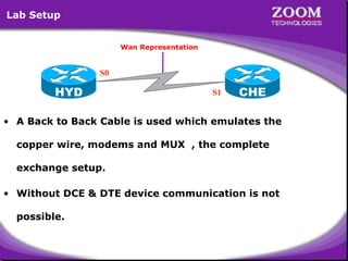 Lab Setup
Wan Representation

S0

HYD

S1

CHE

• A Back to Back Cable is used which emulates the
copper wire, modems and MUX , the complete
exchange setup.
• Without DCE & DTE device communication is not
possible.

5

 