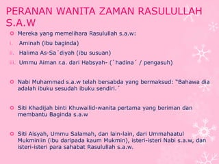 PERANAN WANITA ZAMAN RASULULLAH 
S.A.W 
 Mereka yang memelihara Rasulullah s.a.w: 
i. Aminah (ibu baginda) 
ii. Halima As-Sa´diyah (ibu susuan) 
iii. Ummu Aiman r.a. dari Habsyah- (`hadina´ / pengasuh) 
 Nabi Muhammad s.a.w telah bersabda yang bermaksud: “Bahawa dia 
adalah ibuku sesudah ibuku sendiri.´ 
 Siti Khadijah binti Khuwailid-wanita pertama yang beriman dan 
membantu Baginda s.a.w 
 Siti Aisyah, Ummu Salamah, dan lain-lain, dari Ummahaatul 
Mukminiin (ibu daripada kaum Mukmin), isteri-isteri Nabi s.a.w, dan 
isteri-isteri para sahabat Rasulullah s.a.w. 
 