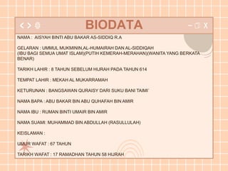 BIODATA
NAMA : AISYAH BINTI ABU BAKAR AS-SIDDIQ R.A
GELARAN : UMMUL MUKMININ,AL-HUMAIRAH DAN AL-SIDDIQAH
(IBU BAGI SEMUA UMAT ISLAM)(PUTIH KEMERAH-MERAHAN)(WANITA YANG BERKATA
BENAR)
TARIKH LAHIR : 8 TAHUN SEBELUM HIJRAH PADA TAHUN 614
TEMPAT LAHIR : MEKAH AL MUKARRAMAH
KETURUNAN : BANGSAWAN QURAISY DARI SUKU BANI TAIMI`
NAMA BAPA : ABU BAKAR BIN ABU QUHAFAH BIN AMIR
NAMA IBU : RUMAN BINTI UMAIR BIN AMIR
NAMA SUAMI: MUHAMMAD BIN ABDULLAH (RASULLULAH)
KEISLAMAN :
UMUR WAFAT : 67 TAHUN
TARIKH WAFAT : 17 RAMADHAN TAHUN 58 HIJRAH
 