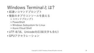 Windows Terminalとは?
• 超凄いコマンドプロンプト
• 複数のタブでコンソールを扱える
• コマンドプロンプト
• PowerShell
• Windows Subsystem for Linux
• Azure Cloud Shell
• UTF-8/16、Unicode対応(絵文字も含む)
• GPUアクセラレーション
Copyright (c) 2019 Tomokazu Kizawa All rights reserved. 28
 