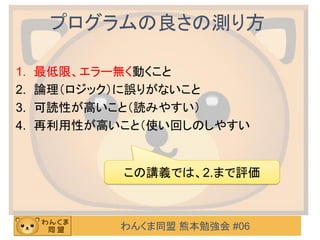 わんくま同盟 熊本勉強会 #06
プログラムの良さの測り方
1. 最低限、エラー無く動くこと
2. 論理（ロジック）に誤りがないこと
3. 可読性が高いこと（読みやすい）
4. 再利用性が高いこと（使い回しのしやすい
この講義では、2.まで評価
 